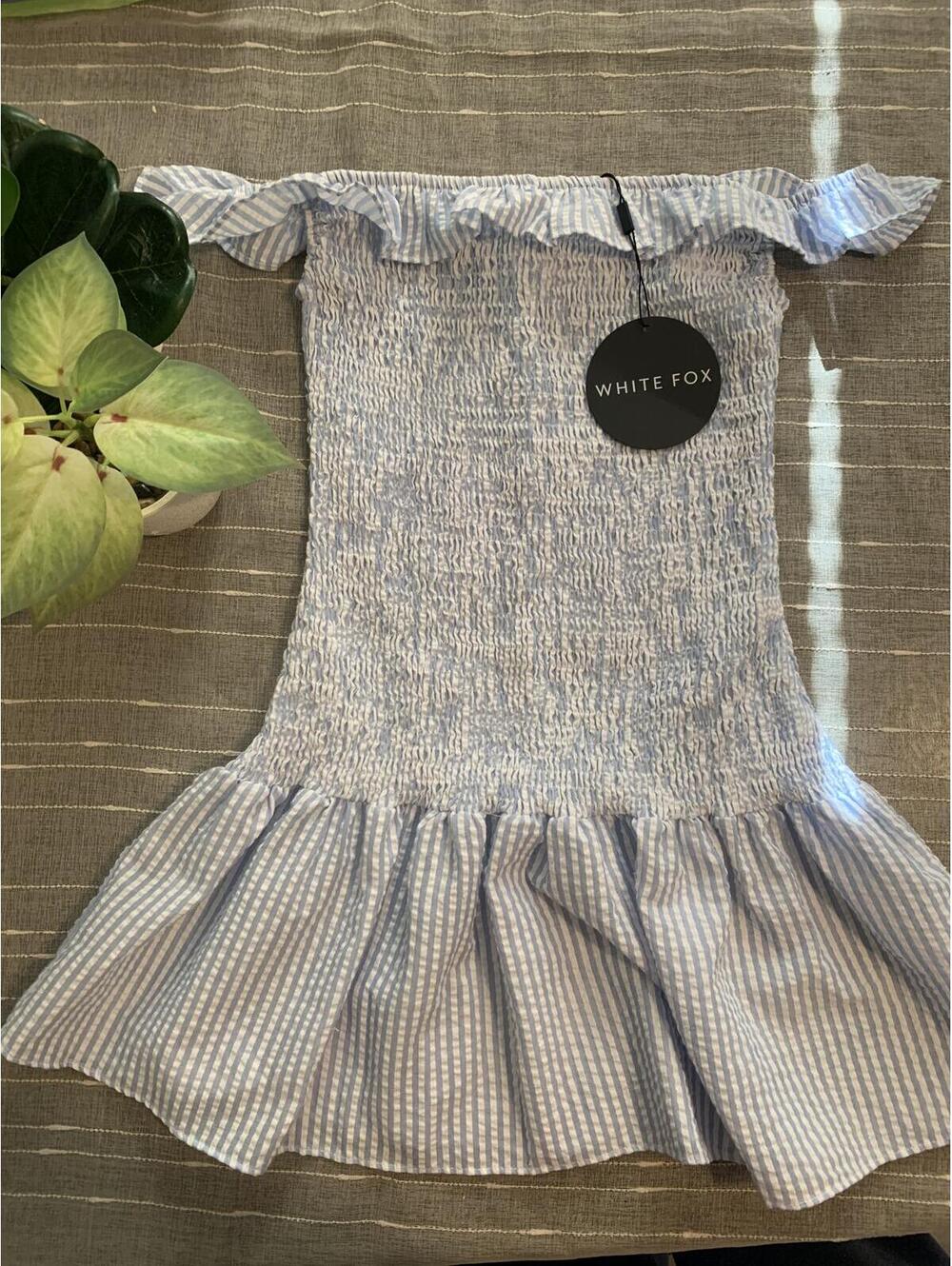 White Fox Off-Shoulder Mini Dress with Ruffle Hem - Picture 1 of 6